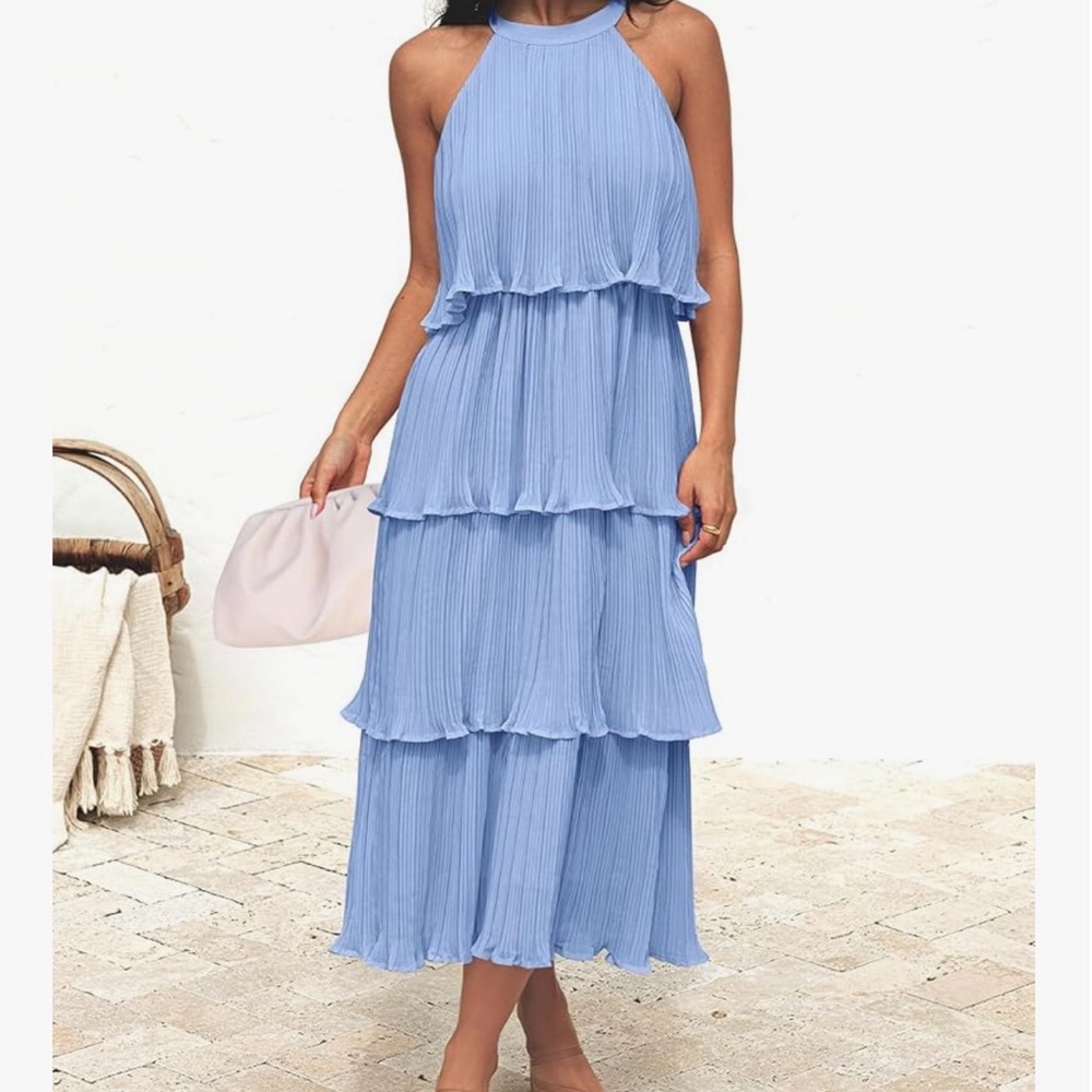 Blue Halter Tiered Midi Dress for Wedding Guest
